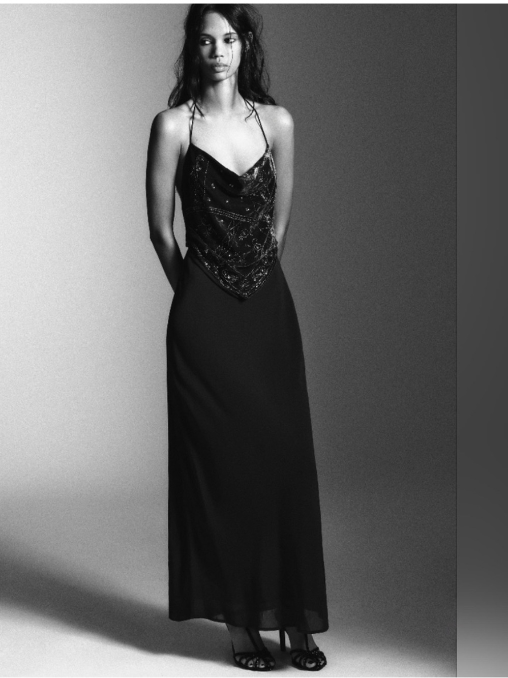 NWT. Zara Dark Charcoal Gray Sequined/Beading Long Dress. Size XL.